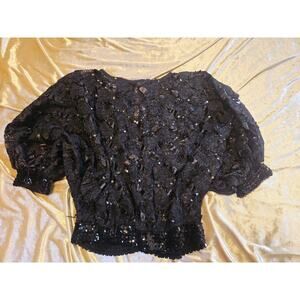 80's Vtg Black Ribbon Sequin Top M Fringe Embellished Festive Preppy Made USA